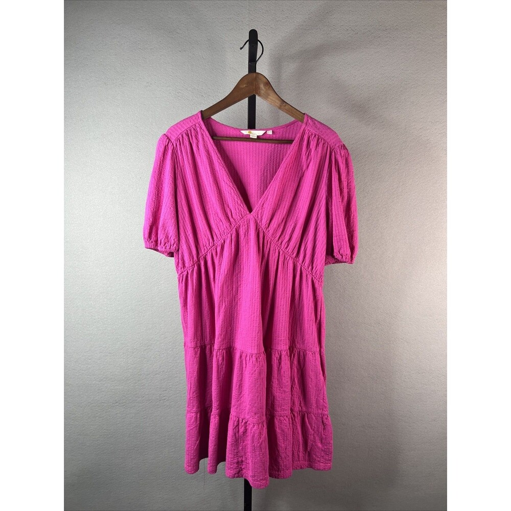Boden Dress Womens 12R Pink Seersucker Cotton Short Sleeve Boho Tiered